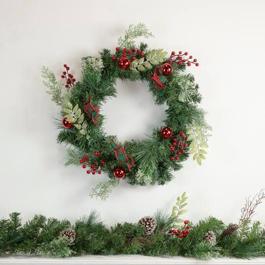 Pre-Decorated Frosted Pine Cones & Red Berry Artificial Garland, Unlit